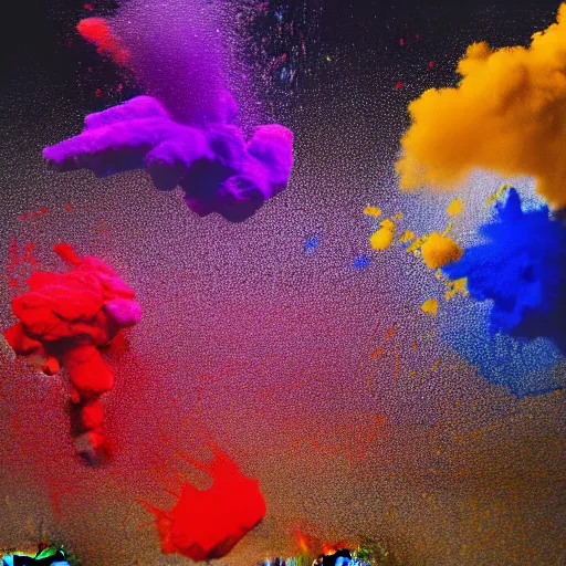 Prompt: photo of color powder explosion in art gallery, metropolitan museum of art, hellenistic sculptures, particles, fine detail, damien hirst and james jean, sharp focus, artstation