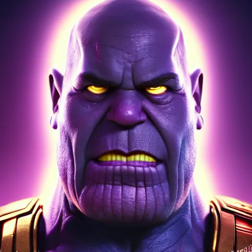 Image similar to a portrait of abdelfattah elsisi as thanos, the pixar adaptation, with same hairstyle, angry facial expressions, hyper detailed, digital art, trending in artstation, cinematic lighting, studio quality, smooth render, unreal engine 5 rendered, octane rendered