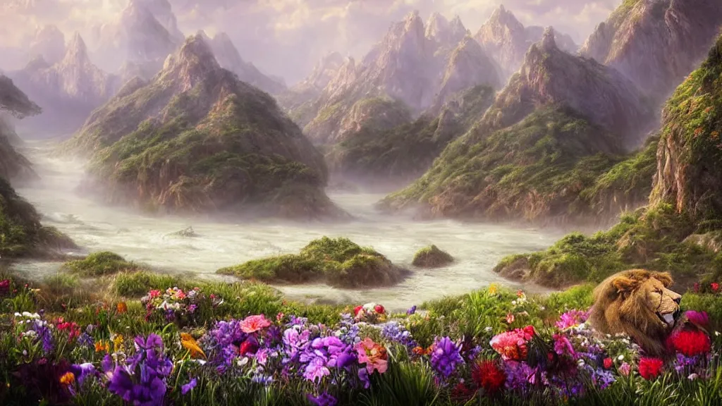 Image similar to Beautiful hyperrealistic detailed matte painting of a Landscape with a wide river in the middle of a meadow full of colorful flowers on the lost Vibes and mountains in the background, at the center there's a giant medieval fantasy portal gate with a rusty gold carved lion face at the center of it that takes you to another world, spring, delicate fog, sea breeze rises in the air, by andreas rocha and john howe, and Martin Johnson Heade, featured on artstation, featured on behance, golden ratio, ultrawide angle, f32, well composed