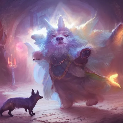 Prompt: d & d character art, corgi, magical, mystical, arcane, spell effects, glowing, fantasy, hyperrealistic digital illustration, extremely detailed, artgerm, greg rutkowski, trending on artstation, 8 k, award - winning