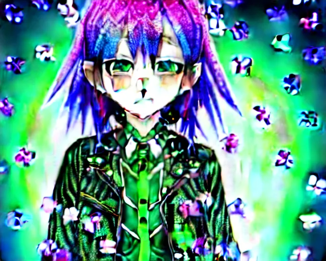 Image similar to a hologram of decora styled green haired yotsuba koiwai wearing a gothic spiked jacket, background full of lucky clovers, crosses, and shinning stars, holography, irridescent