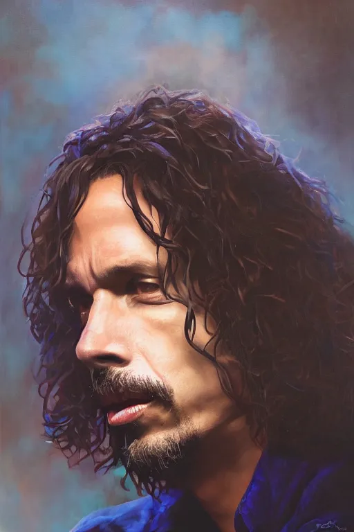 Prompt: chris cornell, a dramatic portrait of chris cornell, clear chris cornell's face, vivid colors, soft lighting, atmospheric, cinematic, moody, in the style of jenni saville and krenz cushart, oil on canvas, 8 k
