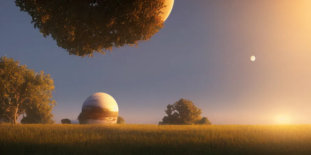 Image similar to a serene landscape with a singular building at sunrise with a giant jupiter appearing in the sky, digital art, concept art, octane render, unreal engine 5, hyperrealistic, highly detailed, high quality, 4K, low contrast, soft lighting, path tracing, complementary colors, natural lighting, geometric