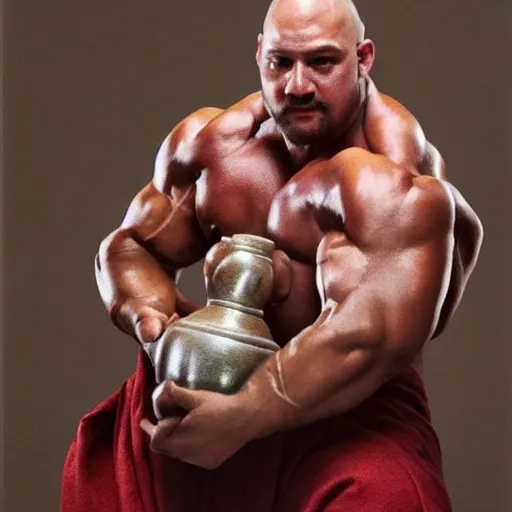 Prompt: bodybuilder bull wearing a monk robes holding incense burner. natural lighting by ruan jia, portrait