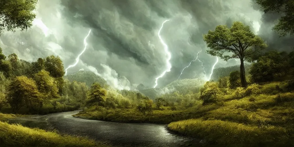 Image similar to A tornado in a beautiful scenic landscape, nature, trees, wide angle, super highly detailed, professional digital painting, artstation, concept art, smooth, sharp focus, no blur, no dof, extreme illustration, Unreal Engine 5, Photorealism, HD quality, 8k resolution, cinema 4d, 3D, beautiful, cinematic, art by artgerm and greg rutkowski and alphonse mucha and loish and WLOP