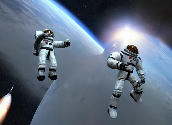 Prompt: Two Space Engineers going finally going to space