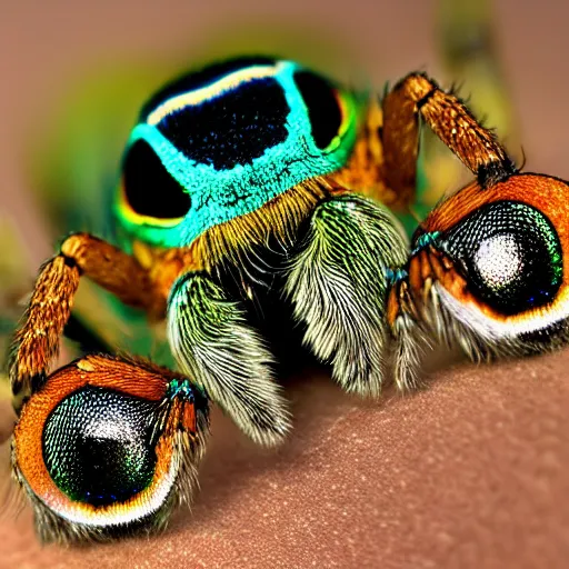 Prompt: macro photography of peacock spider