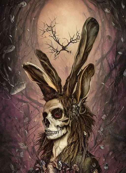 Prompt: the march hare, death tarot card, highly detailed, half skull face, cinematic, 8 k, by megan duncanson, benjamin lacombe, adrian borda, stanley artgermm, tom bagshaw, craig mullins, carne griffiths, ayami kojima, beksinski, giger, trending on deviantart, hyper detailed, horror, full of colour