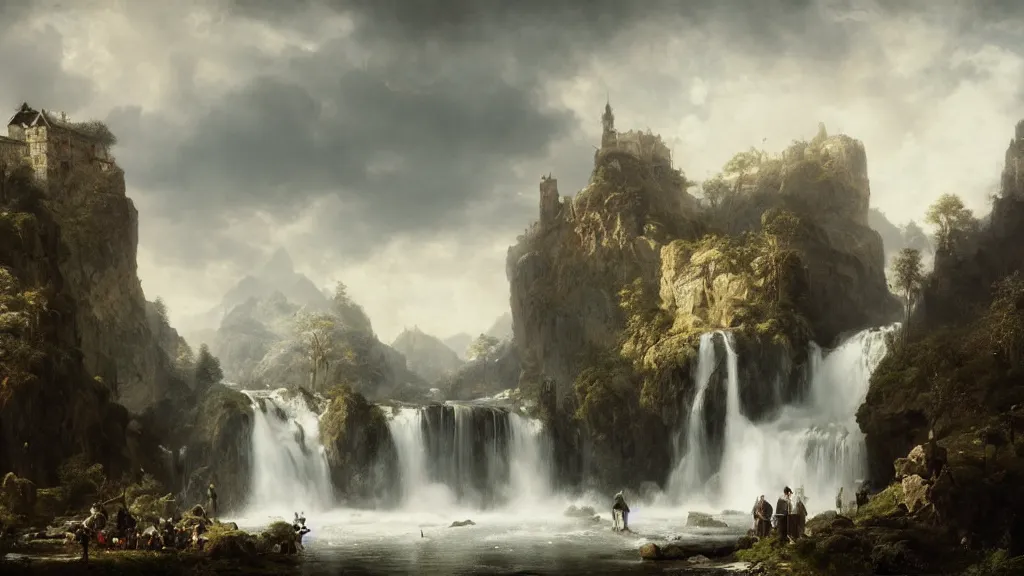 Prompt: a kingdom near the great alpine waterfall. andreas achenbach, artgerm, mikko lagerstedt, zack snyder, tokujin yoshioka