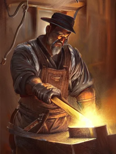 Image similar to a blacksmith striking a hammer in its anvil. working at his forge. intricate, elegant, highly detailed, digital painting, artstation, cinematic shot, concept art, sharp focus, illustration, by justin gerard and artgerm 8 k