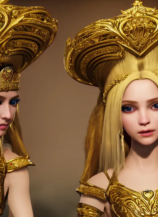 Prompt: a photo of 8 k ultra realistic humanoid princess with long blonde hair, standing next to a beautiful view, ornate white officers outfit with gold embellishments, cinematic lighting, trending on artstation, 4 k, hyperrealistic, focused, extreme details, unreal engine 5, cinematic, masterpiece