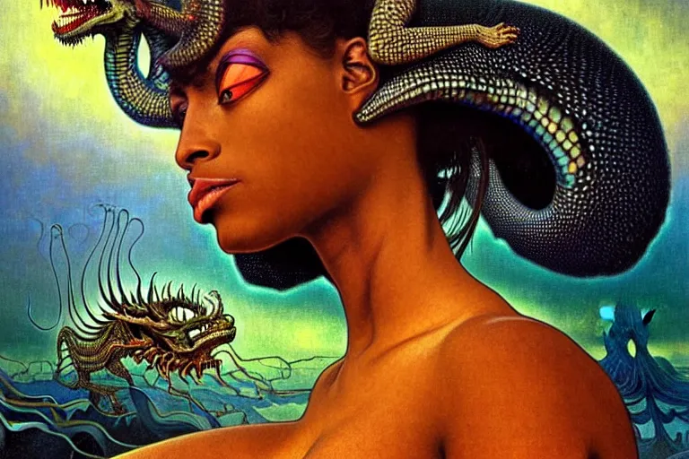 Prompt: realistic extremely detailed closeup portrait painting of a beautiful black woman wearing futuristic dress, dystopian landscape with a mutant dragon on background by Jean Delville, Amano, Yves Tanguy, Alphonse Mucha, Ernst Haeckel, Edward Robert Hughes, Roger Dean, rich moody colours