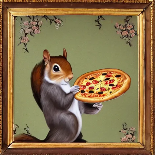 Prompt: a painting of a squirrel in kimono eating pizza in baroque style