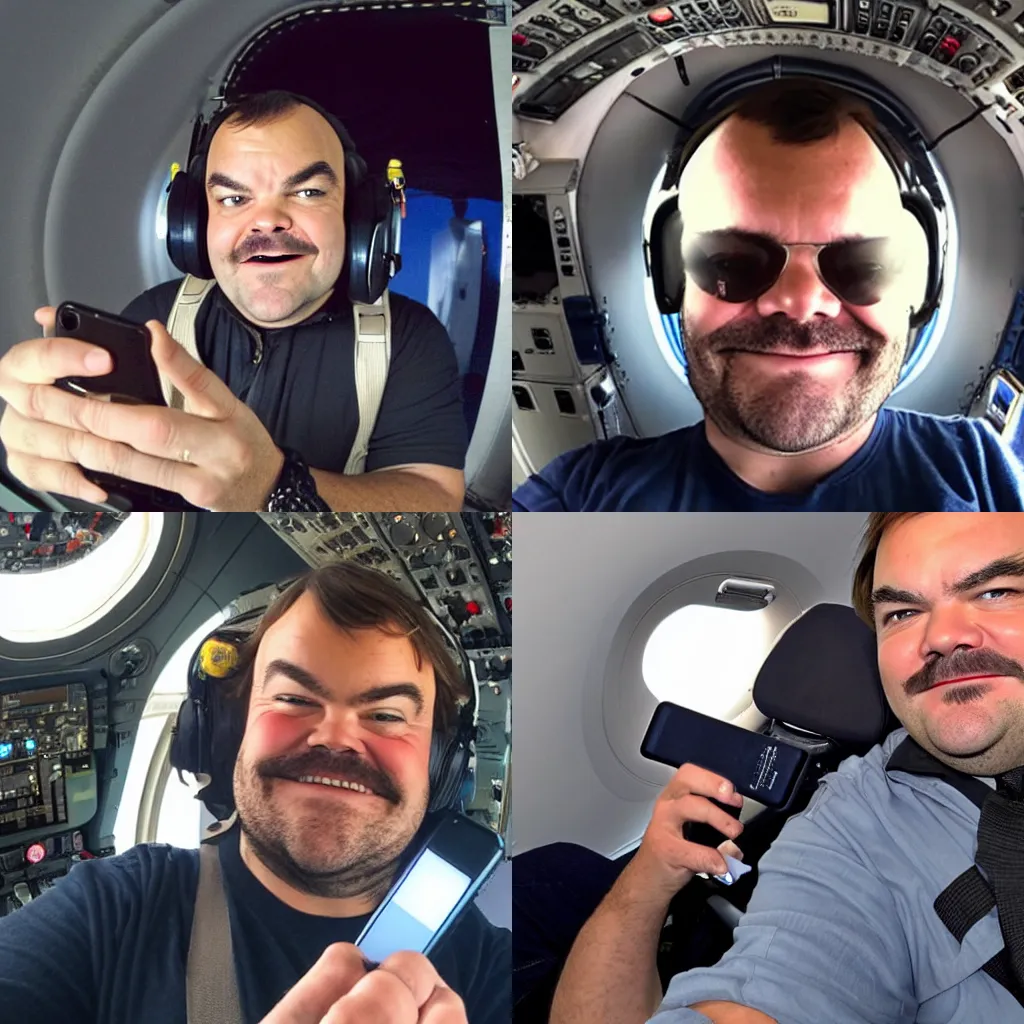 Prompt: Jack Black taking a selfie in an airplane cockpit, photo
