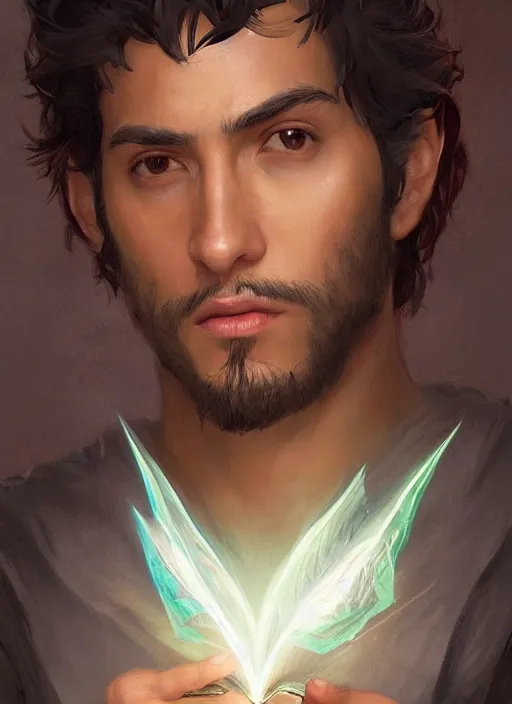 Image similar to character concept portrait of a handsome young adventurous Latino wizard with olive skin casting a love spell, a floating iridescent spell book in the center, intricate, elegant, digital painting, concept art, smooth, sharp focus, illustration, from Metal Gear, by Ruan Jia and Mandy Jurgens and William-Adolphe Bouguereau, Artgerm