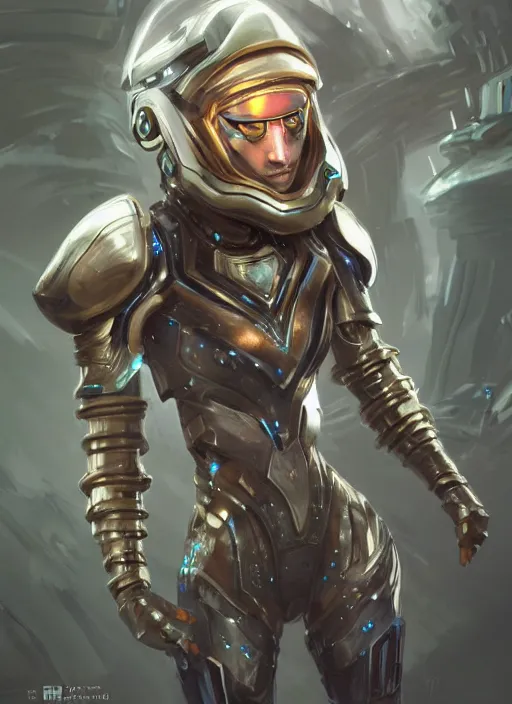Prompt: of a full body, center frame hyper realistic digital art portrait of a timepunk war cleric in a futuristic pearl armor, tech helmet, dark gloomy environment. trending on artstation, art by lois van baarle by sung choi by john kirby artgerm style pascal blanche