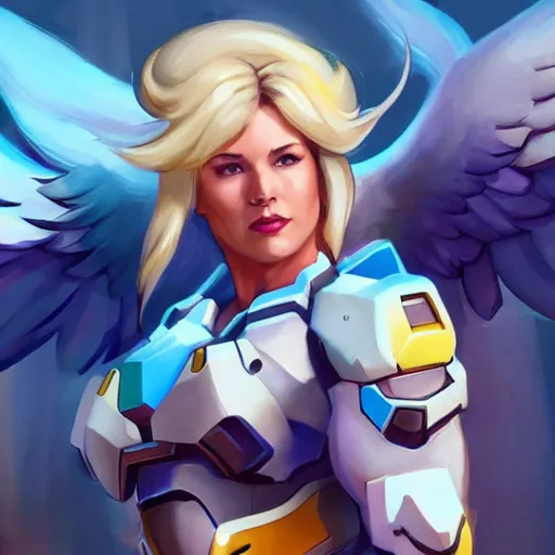 Image similar to a screenshot of arnold schwarzenegger as mercy in overwatch, angel wings, halo, portrait, fantasy, beautiful face, vivid colors, elegant, concept art, sharp focus, digital art, hyper - realistic, 4 k, unreal engine, highly detailed, hd, dramatic lighting by brom, trending on artstation