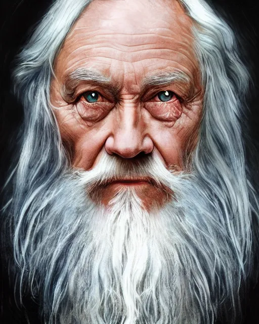 Prompt: portrait of 8 0 - year - old man, with blue eyes, very long silver hair, and very long silver beard, dumbledore, wearing in black cloak, hyper realistic face, beautiful eyes, fantasy art, in the style of greg rutkowski, intricate, alphonse mucha, hyper detailed, smooth
