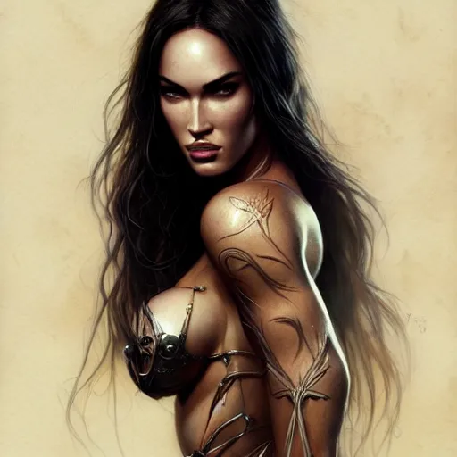 Image similar to portrait of megan fox, muscular upper body, bikini, fantasy, intricate, elegant, highly detailed, digital painting, artstation, concept art, matte, sharp focus, illustration, art by aenaluck and roberto ferri and greg rutkowski, epic fantasy, digital painting
