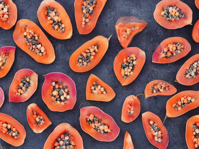 Prompt: photo of papaya with red botryoidal agate fillings, outdoor lighting, 8 k