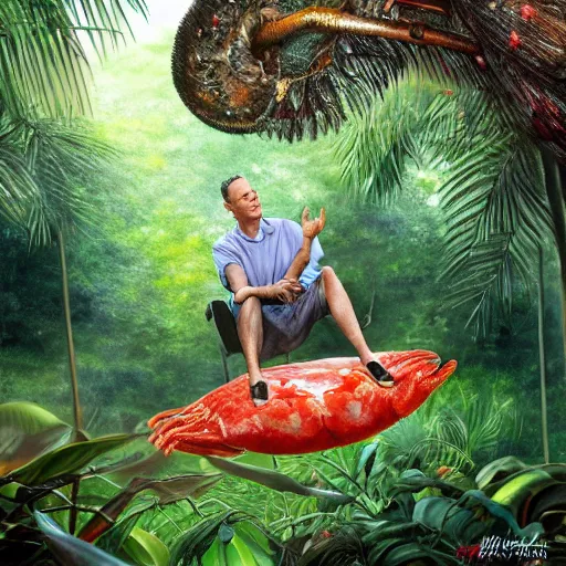 Image similar to Tom Hanks as forrest gump sitting on a giant shrimp in the jungle, realistic digital painting, photoreailstic, realistic face, amazing detail, sharp