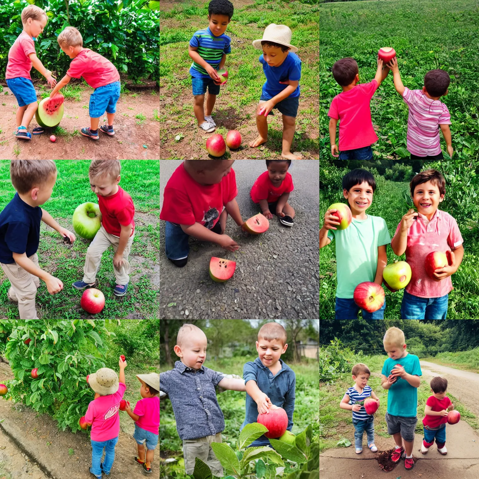 Prompt: two watermelon brothers helping out a lost apple to find its way home