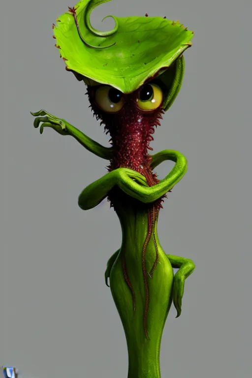 Image similar to anthropomorphic, mutant carnivorous plant, full body, character design by Disney and Pixar, sculpted in zbrush, minimal, dystopian, big eyes with eyelashes,extremely detailed, digital painting, artstation, concept art, volumetric lighting, golden ratio, rule of thirds, fibonacci