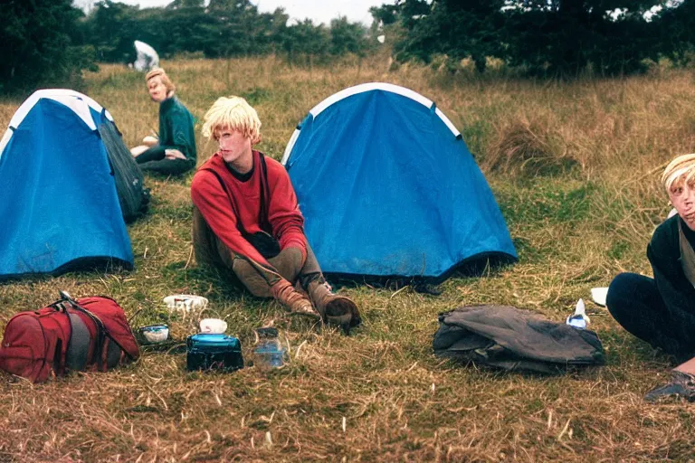 Image similar to candid photo of 3 teenagers camping at Glastonbury, UK, Kodak Portra 200,8K,highly detailed: beautiful perspective closeup environmental portrait photo in style of 2000s retrofuturism, cinema lighting , by beksinski, photography fashion edition, tilt shift, highly detailed, focus on man ;blonde hair;blue eyes, clear eyes, soft lighting