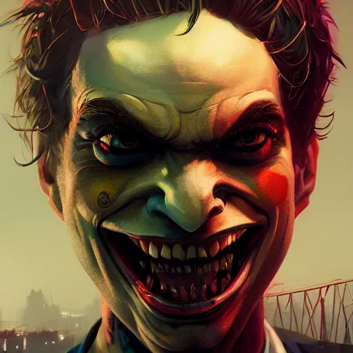 Image similar to highly detailed portrait spider joker gta v, stephen bliss, unreal engine, fantasy art by greg rutkowski, loish, rhads, ferdinand knab, makoto shinkai and lois van baarle, ilya kuvshinov, rossdraws, tom bagshaw, global illumination, radiant light, detailed and intricate environment