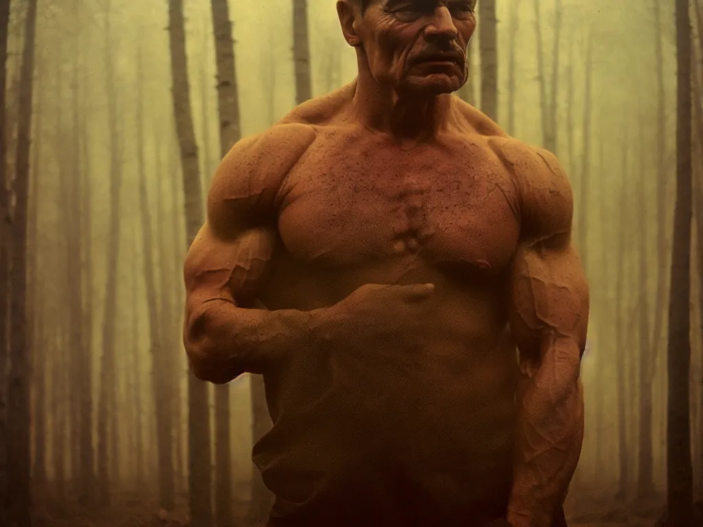 Prompt: portrait of muscular man, solemn expression, faded color film, russian cinema, tarkovsky, kodachrome, heavy birch forest, long brown hair, old clothing, heavy fog, atmospheric haze, brown color palette, sunset, low light, dramatic lighting