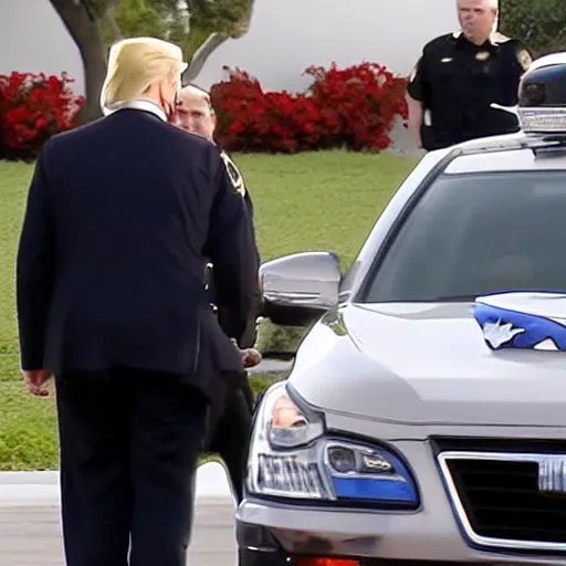 Image similar to Newscast still of Donald Trump being handcuffed and arrested and put into a cop car at mar-a-lago