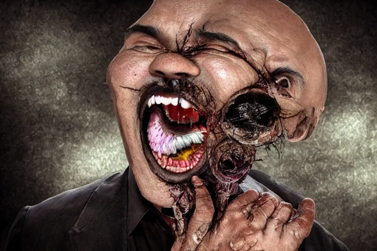 Image similar to creepy hilarious steve harvey screaming portrait stuck in the matrix, glitchy, buggy, playstation 1 graphics, low poly 3 d render, creepypasta, volumetric lighting, dramatic, octane render, scary, horrific, award - winning, detailed, weird, close - up, featured on artstation, strange, off - putting, demonic, odd, atmospheric, ambient, spooky