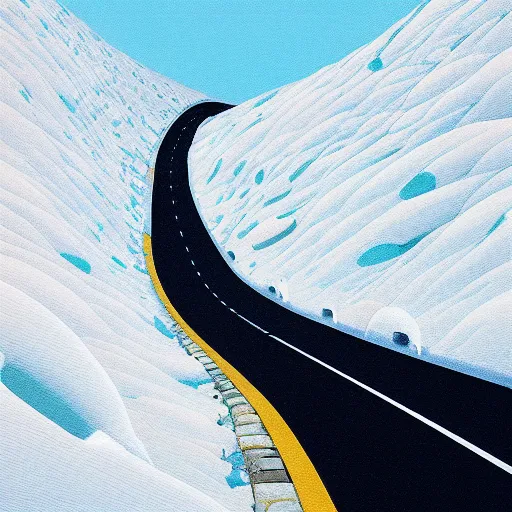 Prompt: Goro Fujita ilustration a road that descends from the top of the mountain giving curves with snow, painting by Goro Fujita, sharp focus, highly detailed, ArtStation