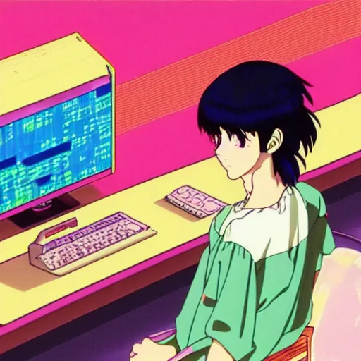 Image similar to girl sitting at her computer, sprite, vaporwave nostalgia, directed by beat takeshi, visual novel cg, 8 0 s anime vibe, kimagure orange road, maison ikkoku, sketch by osamu tezuka, directed by makoto shinkai and beat takeshi