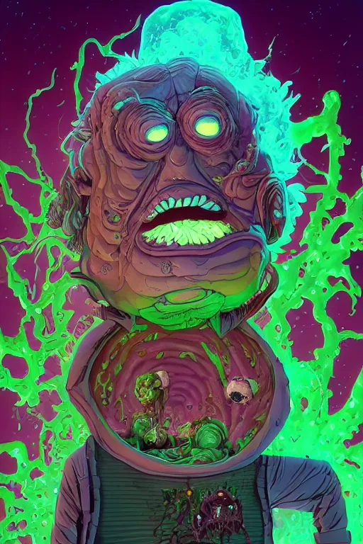 Image similar to rick and morty fused with a lovecraft fat space zombie wearing a exploding wig, photo, portrait, 3d, high details, intricate details, by vincent di fate, artgerm julie bell beeple, 90s, Smooth gradients, octane render, 8k, volumetric lightning, High contrast, duo tone, depth of field, very coherent symmetrical artwork