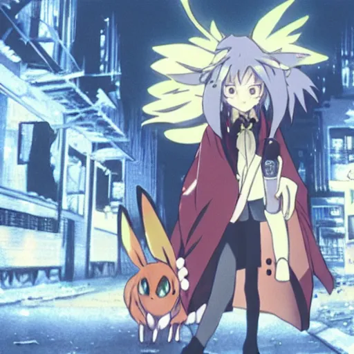 Image similar to screenshot from an anime about eevee wearing wizard robes and wandering an empty street alone, anime, 8 0 s, vhs, vhs effects, art by yuji ikehata