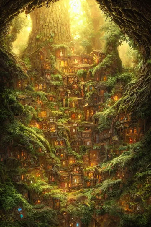 Image similar to a miniature city built into the trunk of a single colossal tree in the forest, with tiny people, in the style of andreas rocha, lit windows, close - up, low angle, wide angle, awe - inspiring, highly detailed digital art