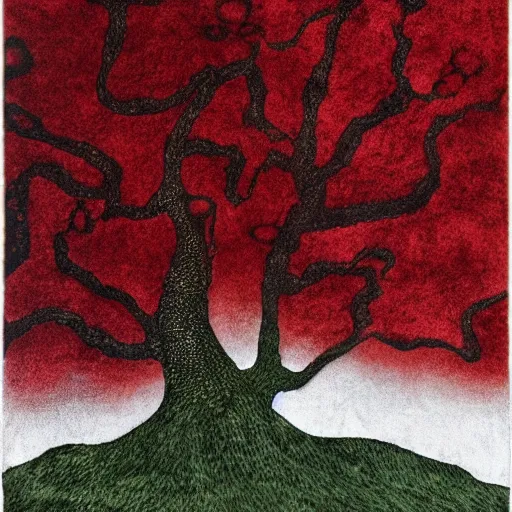 Image similar to tree made of velvet, velvet art, etching, velvet etching, velvet tree, red velvet material