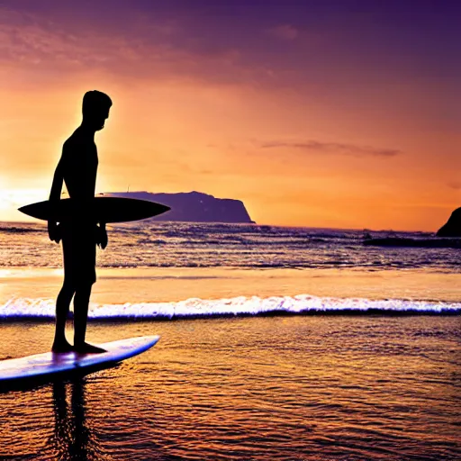 Image similar to a scout boy surfing in Copacabana beach, sunset, photorealistic, great background