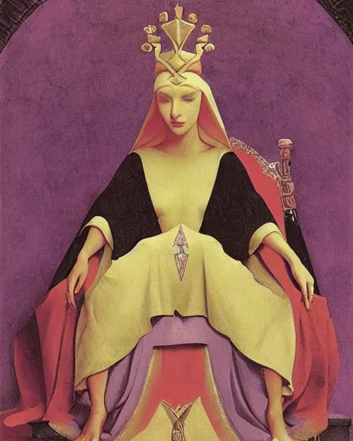 Image similar to an illustration of a queen on a throne at night by johann heinrich fussli, by nicholas roerich, by georgia o keeffe, realistic, detailed, oil painting