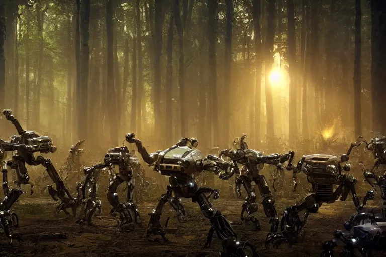 Image similar to 1 0 0 0 0 robots fighting in the forest, hyper realistic, ambient lighting, concept art, intricate, hyper detailed, smooth, dynamic volumetric lighting, octane, raytrace, cinematic, high quality, high resolution, 4 k, h. r. giger