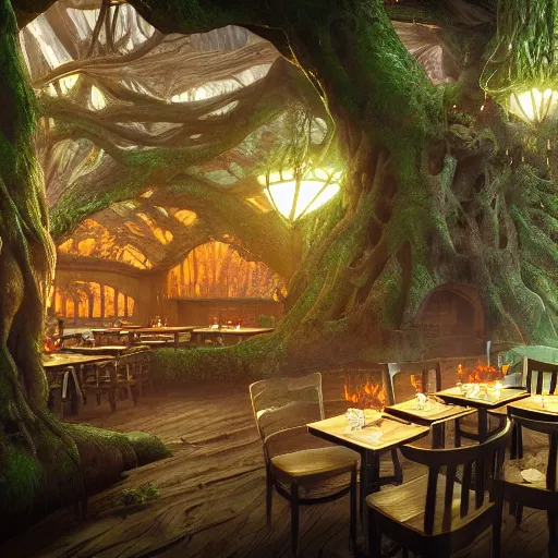 Prompt: interior of a restaurant carved out of a tree, kodak, fuji film, photoreal, 12k ursa, volumetric light, cinematic photograph concept art, intricate, artstation, studio ghibli, eddie mendoza, james chadderton