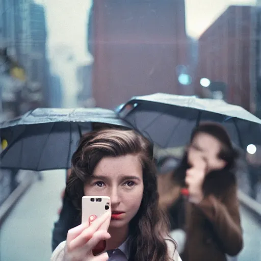 Image similar to cinestill selfie with iphone by vivian maier,, pouring rain menacing lights shadows, 8 k, hd, high resolution, 3 5 mm, f / 3 2, ultra realistic faces, ex machina