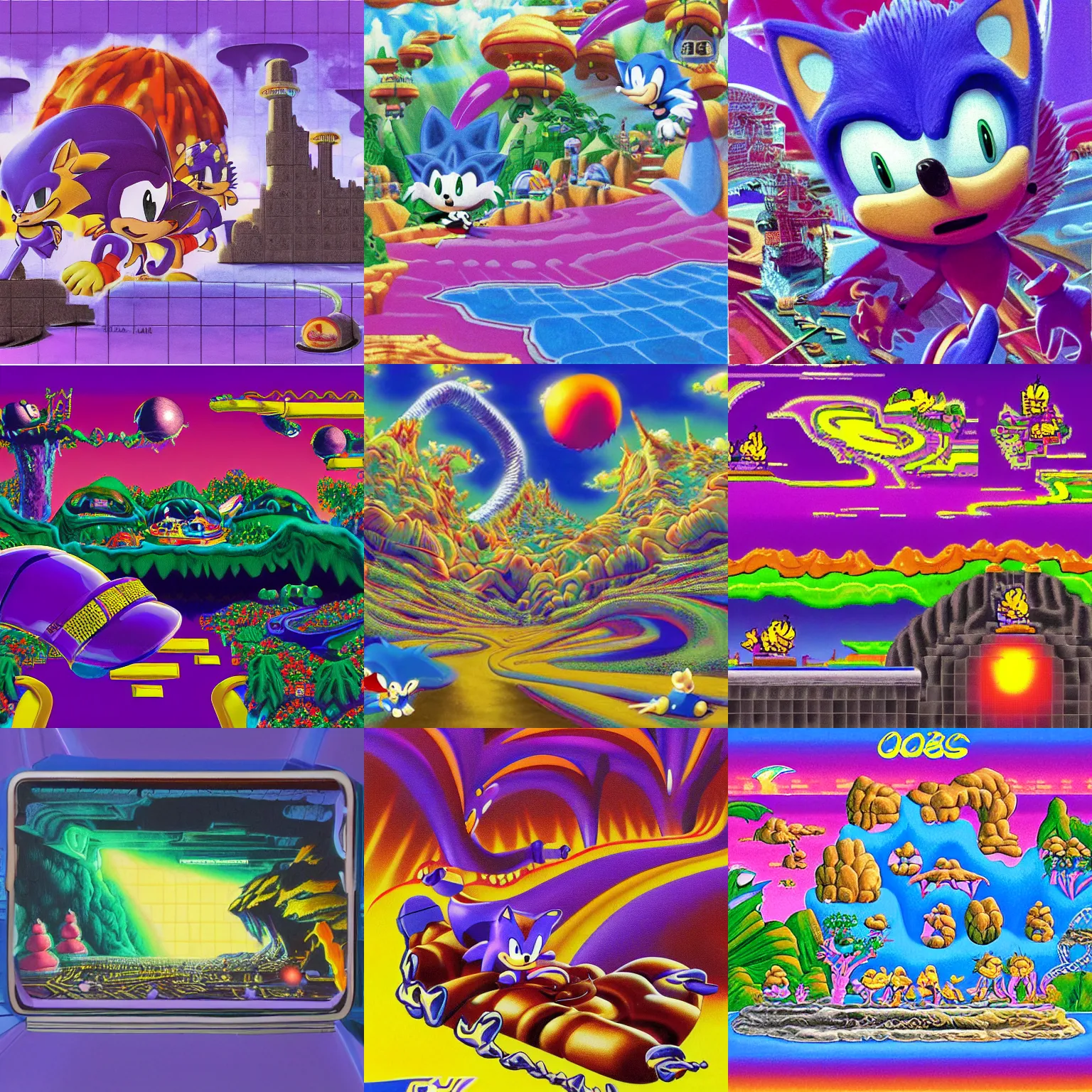 Prompt: sonic hedgehog dreaming of puffy closeup portrait colossal claymation scifi matte painting landscape of a surreal lava, retro moulded professional sonic hedgehog pastels high quality airbrush art tawdry album peaceful of a liquid dissolving airbrush art lsd sonic the hedgehog swimming through cyberspace purple ambiguous checkerboard background 1 9 8 0 s 1 9 8 2 sega genesis video game album