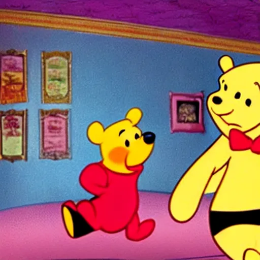 Image similar to photograph of Winnie the Pooh and The Pink Panther in a strip club