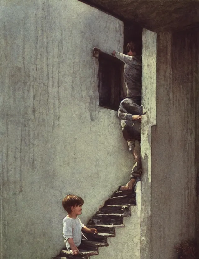 Prompt: peasant boy climbing stairs to the roof of a house, cottage core, cinematic focus, polaroid photo bleached vintage pastel colors high - key lighting, soft lights, foggy, by steve hanks, by lisa yuskavage, by serov valentin, by tarkovsky, detailed, oil on canvas