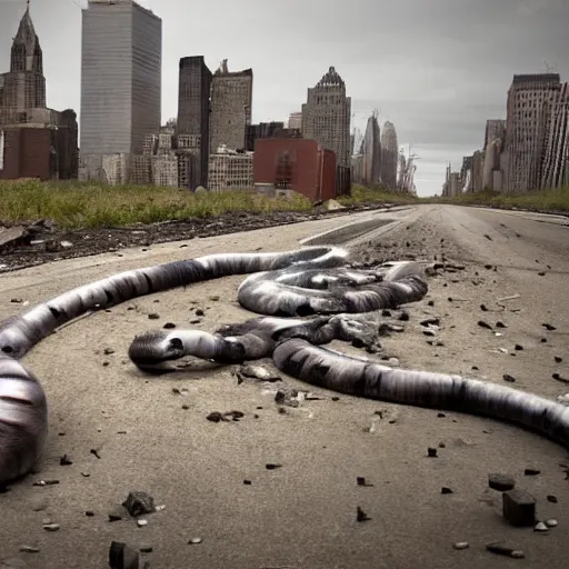 Image similar to new york abandoned attacked by giant worm, post apocalyptic, damage road