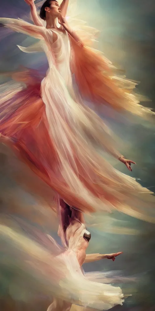 Prompt: prima ballerina dancing in the wind, beautiful, ethereal, gorgeous, volumetric lighting, elegant, fluid, highly detailed oil painting, digital painting, concept art, highly detailed, smooth, sharp focus, illustration, strong lines and bold colors, limited color palette, atmosphere and tension, japanese, manga, trending on artstation