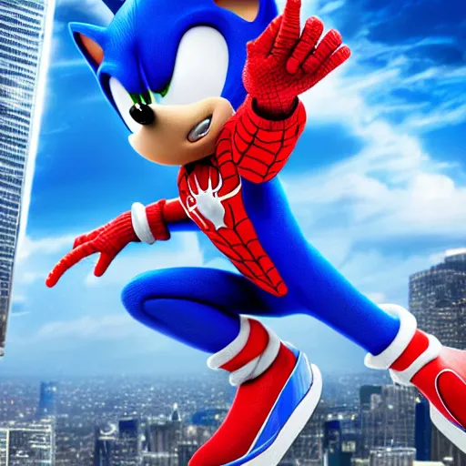 Prompt: A photo realistic image of sonic the hedgehog in a Spiderman costume, wellshaped, beautiful, cute, HQ, 4k -8