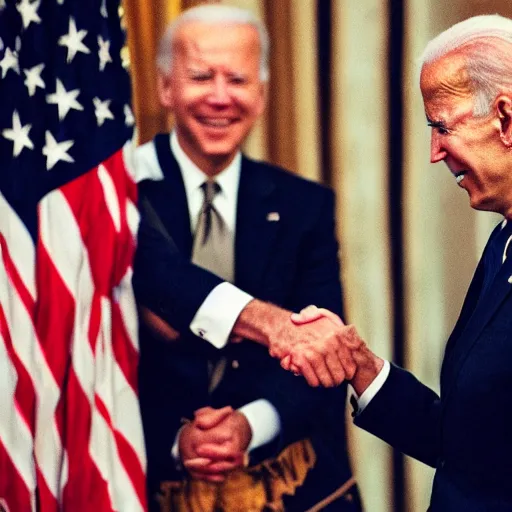 Image similar to joe biden shaking hand of osama bin laden, ultra realistic, canon 3 5 mm photography